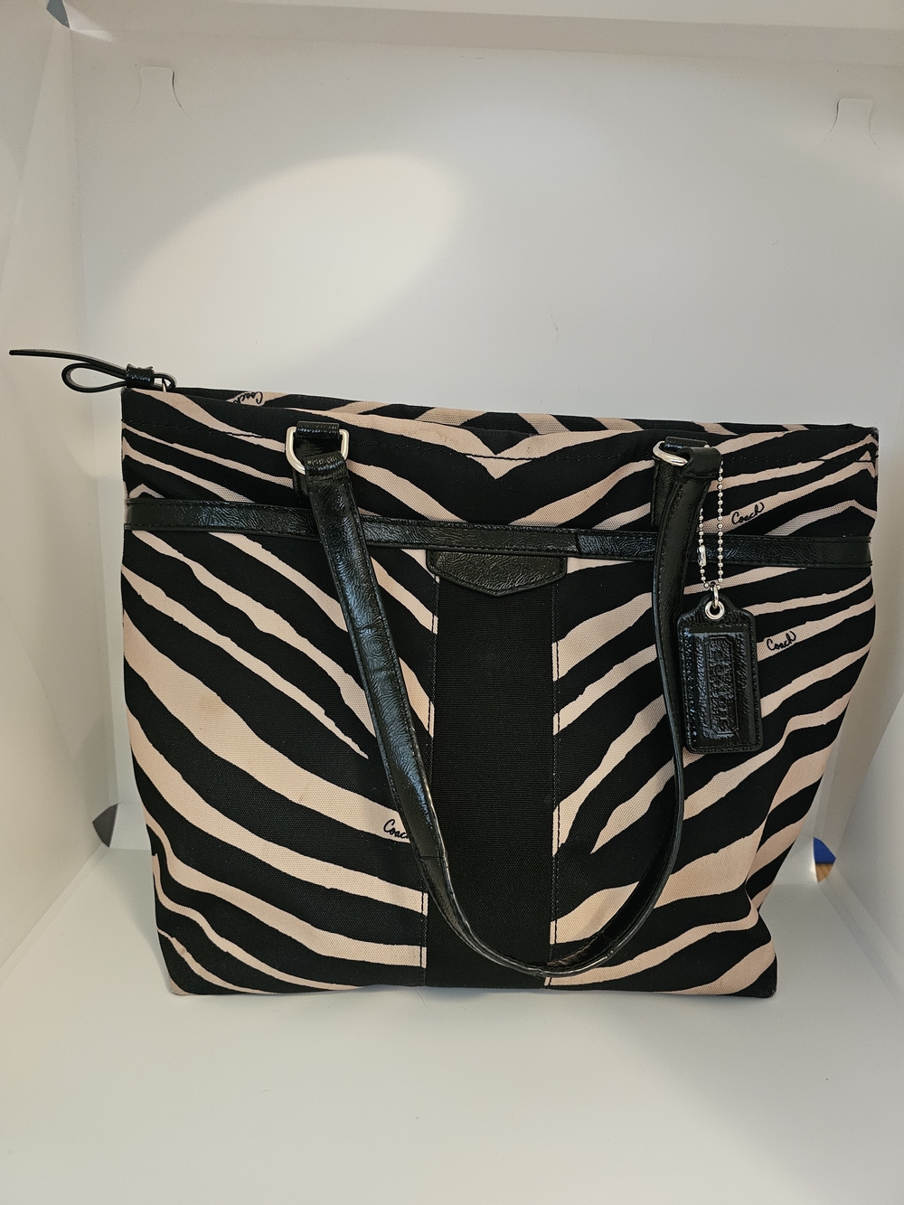 Coach Zebra-Print Canvas Tote Bag in Black and Beige